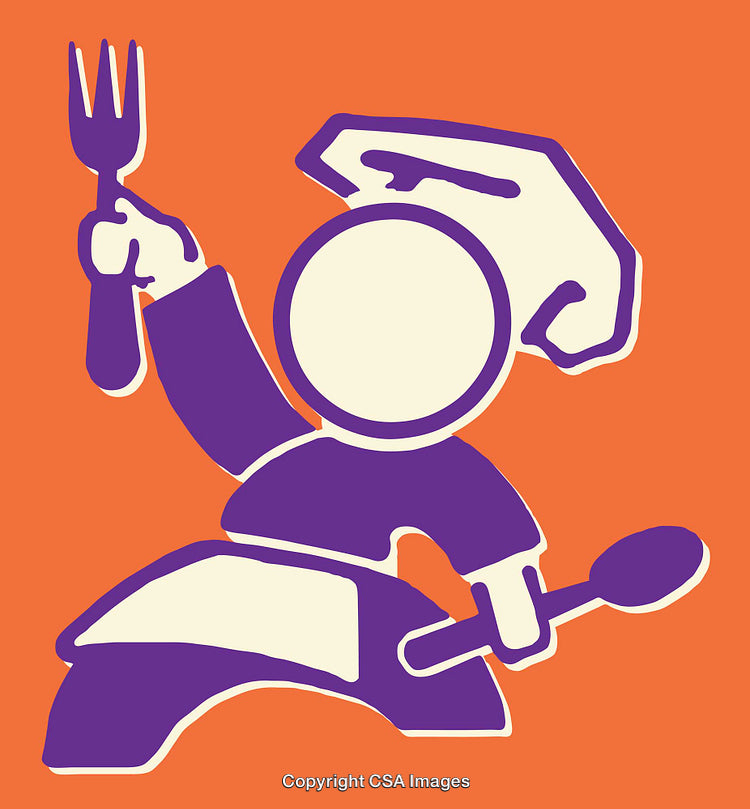 Colorful Chef Icon Holding Fork and Spoon on an Orange Background