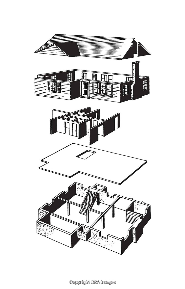 Detailed Exploded Diagram of a House Construction in Black and White