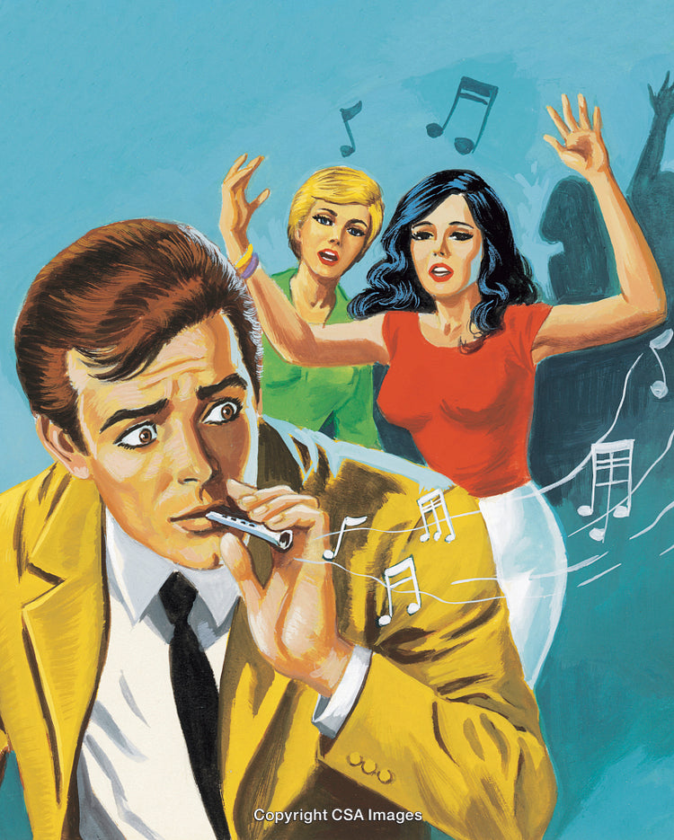 Illustrated Scene of a Man Playing Harmonica With Women in a Party Setting