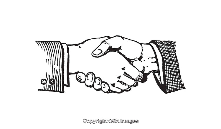 Black and White Line Art of Hands Shaking in Agreement