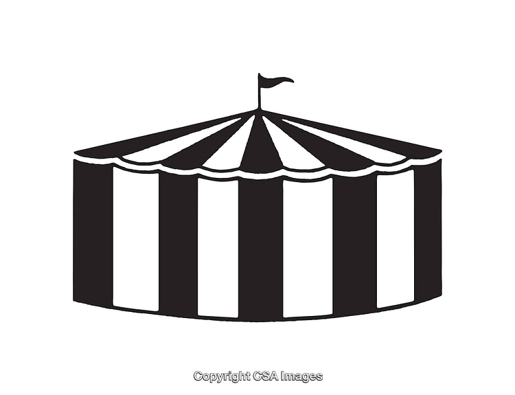 Black and White Illustration of a Circus Tent with Flag Detail
