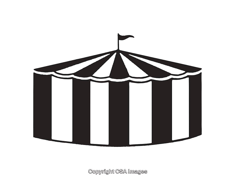 Black and White Illustration of a Circus Tent with Flag Detail
