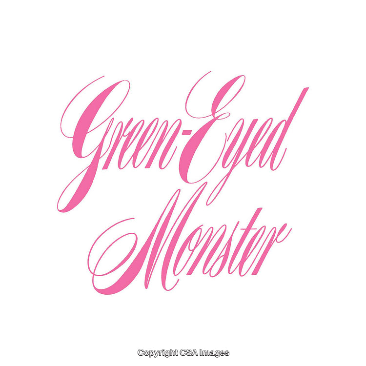 Elegant Pink Calligraphy Depicting 'Green-Eyed Monster' Phrase on White Background
