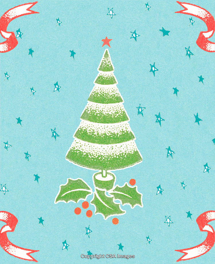 Vintage Christmas Tree Design with Holly and Festive Decorations