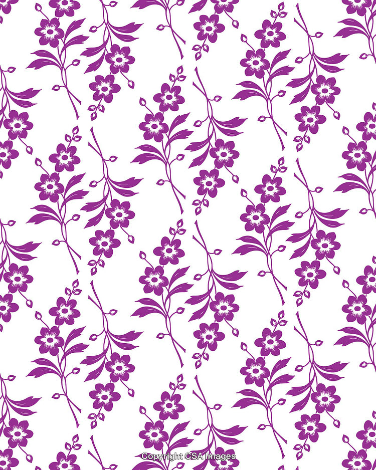 Vibrant Floral Pattern in Purple Tones with Detailed Leaves and Flowers
