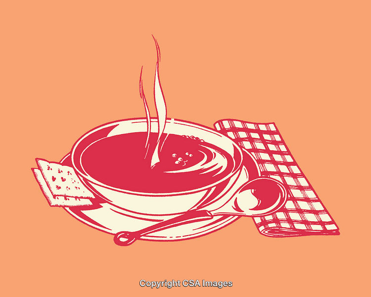 Retro Style Illustration of Soup Bowl with Crackers on Orange Background