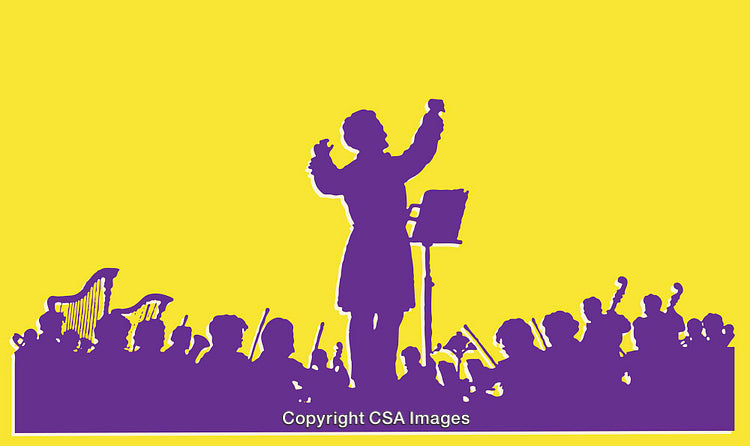 Conductor Leading an Orchestra Vibrantly Illustrated in Purple and Yellow