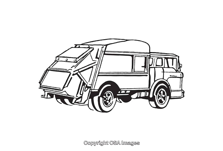Vintage Garbage Truck Black and White Line Art Illustration