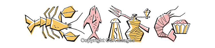 Colorful Food Illustrations Including Seafood and Seasonings in Artistic Style