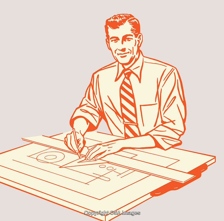 Retro Styled Illustration of an Architect Drafting a Design on a Drawing Board