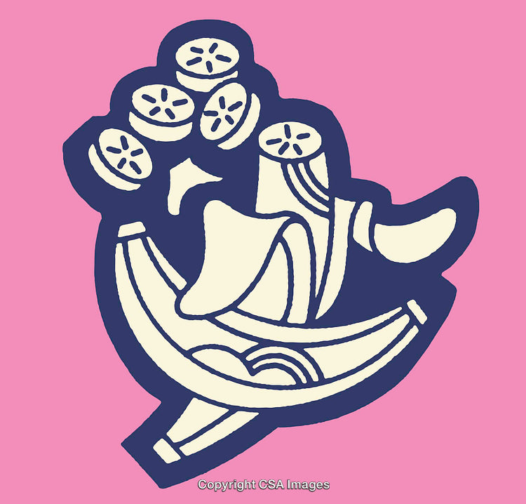 Stylized Illustration of Banana with Cucumber Slices in Bold Colors