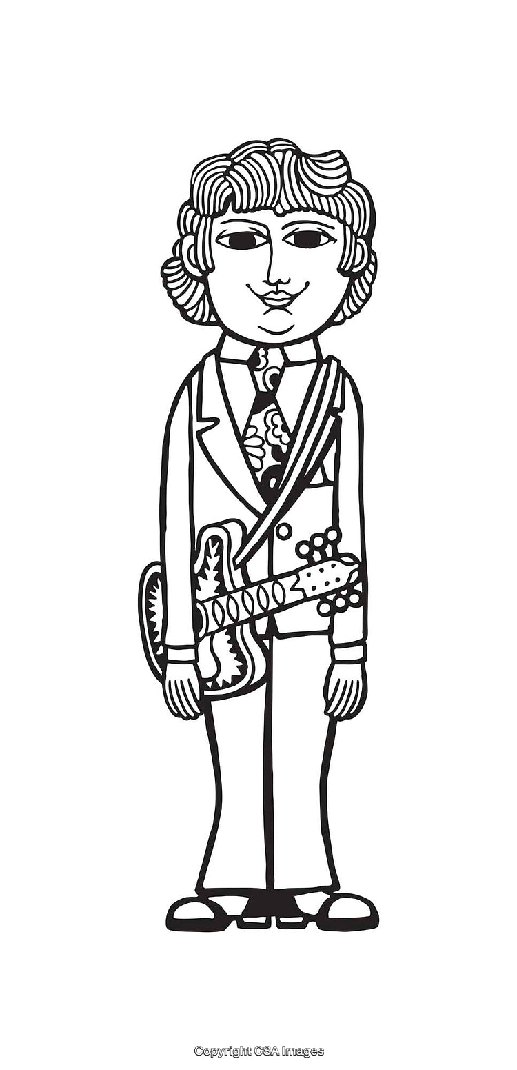 Black and White Drawing of a Man Holding a Decorated Guitar