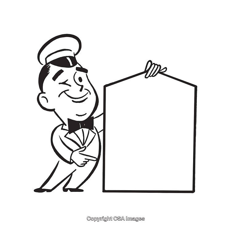 Retro Style Waiter Holding Blank Sign for Custom Text Design