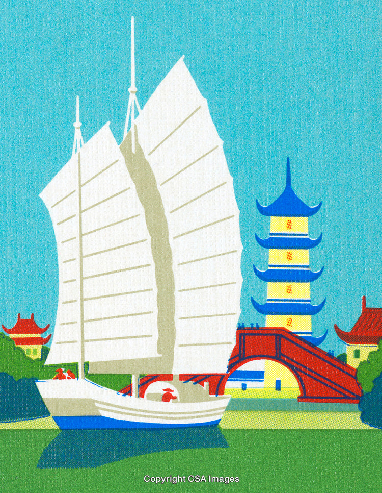 Traditional Chinese Junk Boat With Pagoda and Bridge in Bright Illustration