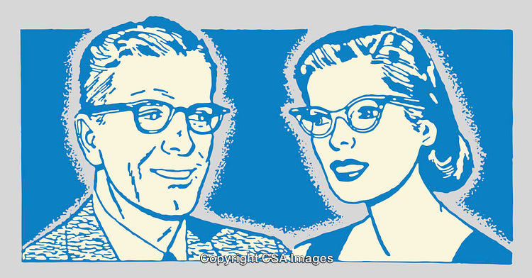 Retro Styled Line Art Illustration of a Man and Woman Wearing Glasses