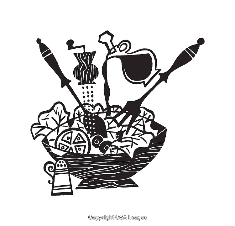 Black And White Illustration of a Salad Preparation Scene