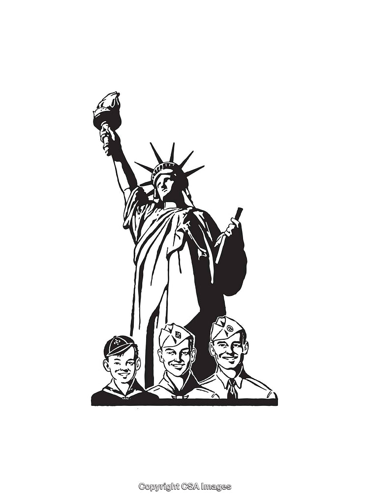Black and White Illustration of Statue of Liberty With Soldiers