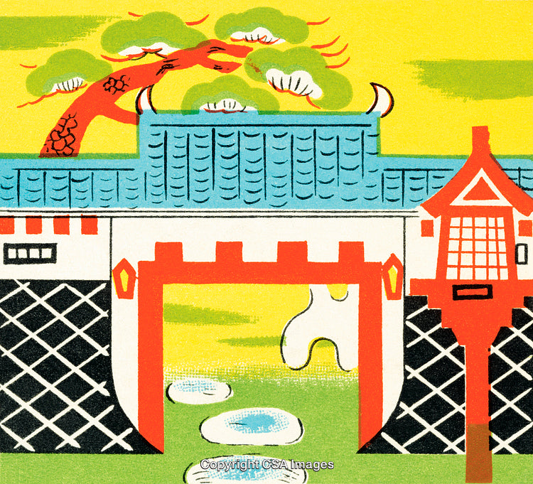 Traditional Asian Gate with Pagoda and Tree in Bright Stylized Illustration