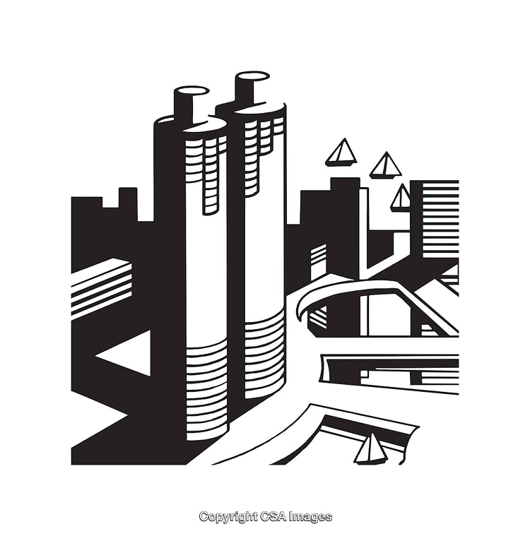Black and White Cityscape with Skyscrapers and Modern Architecture in Line Art