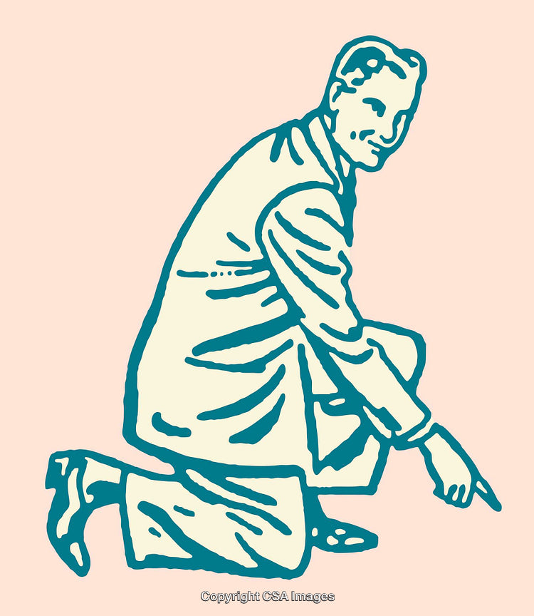 Retro Illustration of Person Kneeling with Pointing Gesture in Art Style