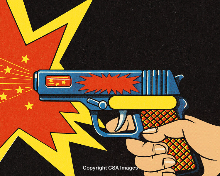 Pop Art Hand Holding Toy Gun with Bright Explosion Design