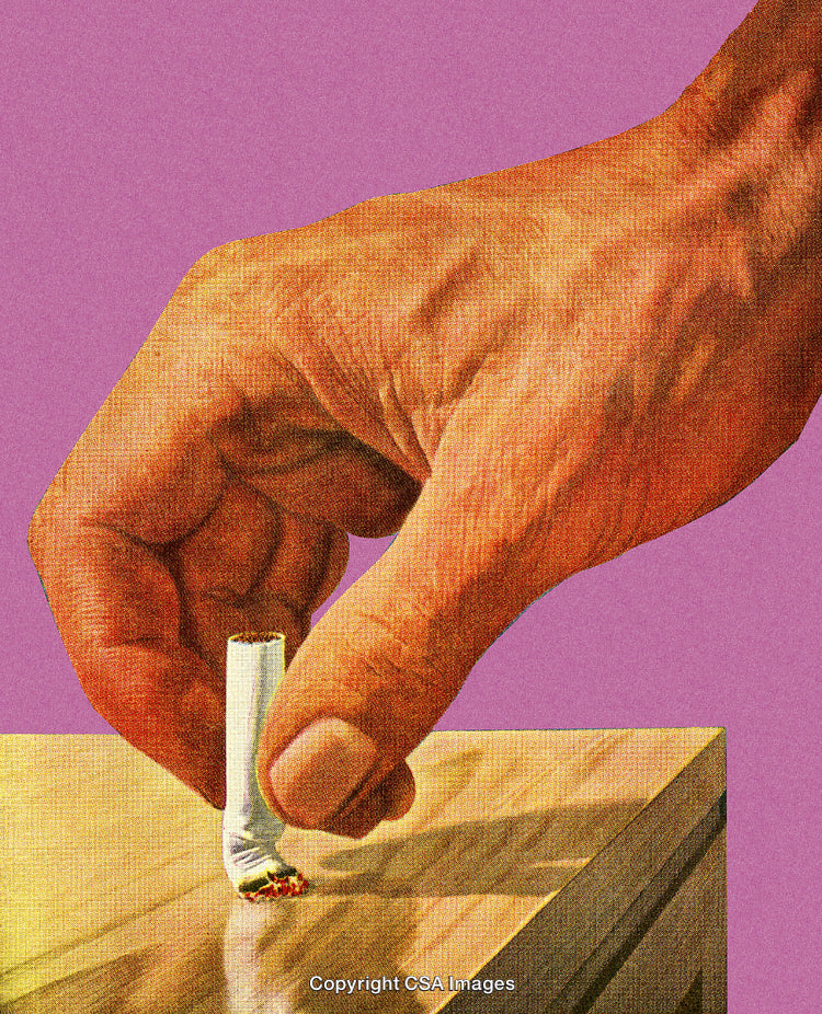 Hand Extinguishing Cigarette Butt Against a Reflective Surface on Pink Background