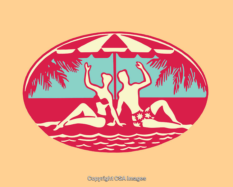 Illustrated Couple Relaxing Under a Beach Umbrella with Tropical Flare