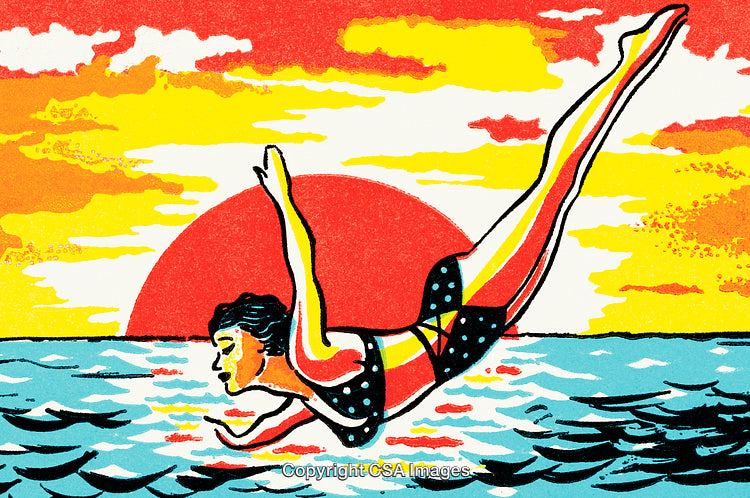 Illustration of a Woman Diving in an Ocean at Sunset