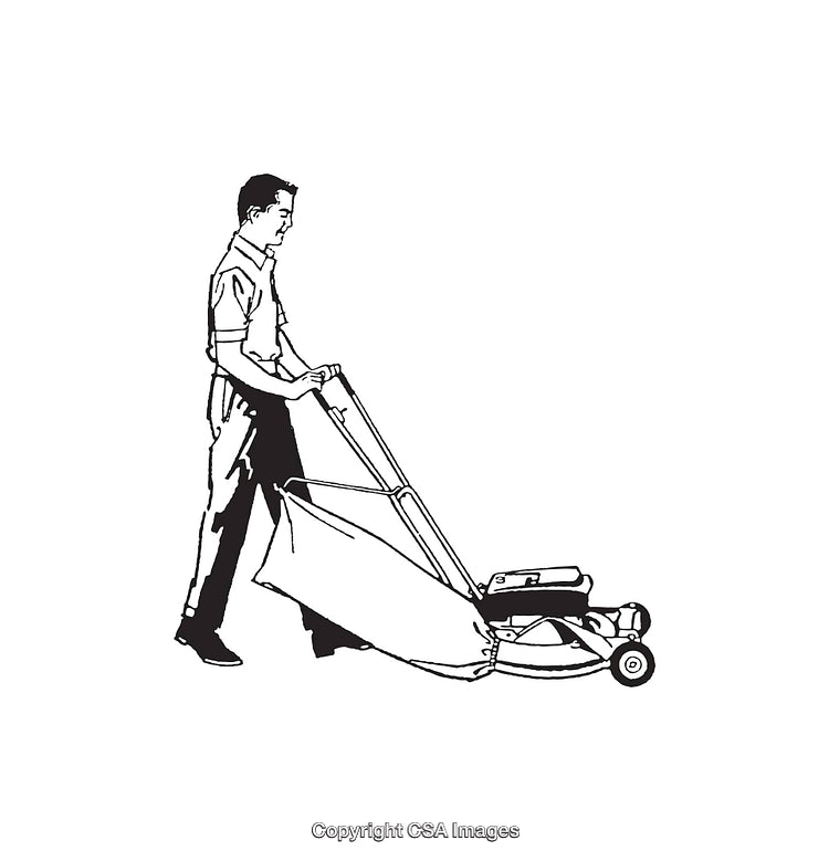 Black and White Line Art Illustration of a Person Using a Lawn Mower