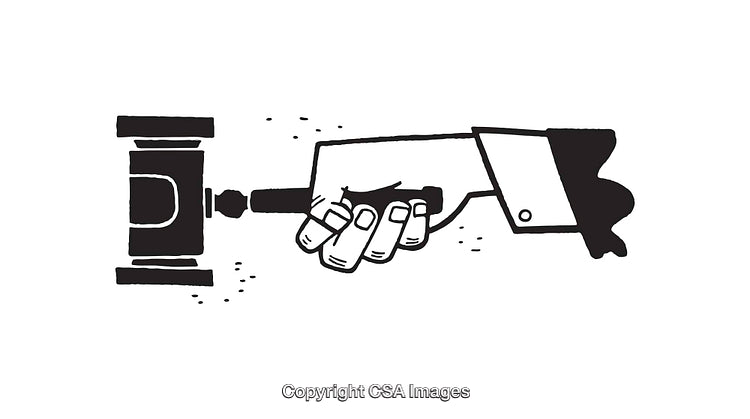 Black and White Illustration of a Hand Holding a Auctioneer's Gavel