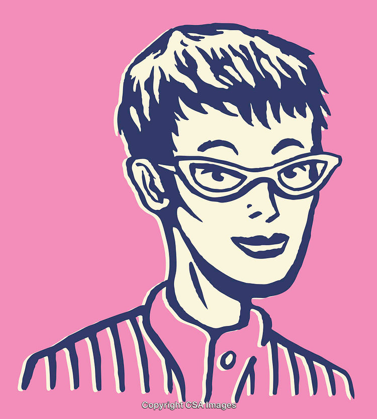Retro Style Illustration of a Woman with Glasses on Pink Background