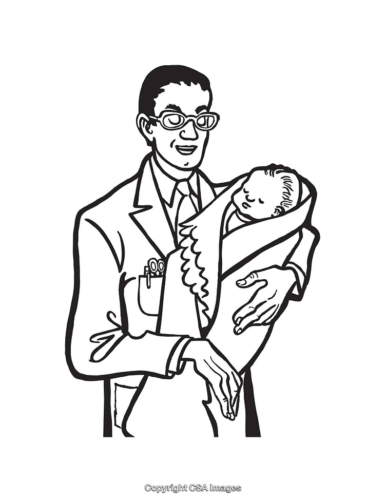 Doctor Holding a Wrapped Newborn in Medical Setting Line Art Illustration