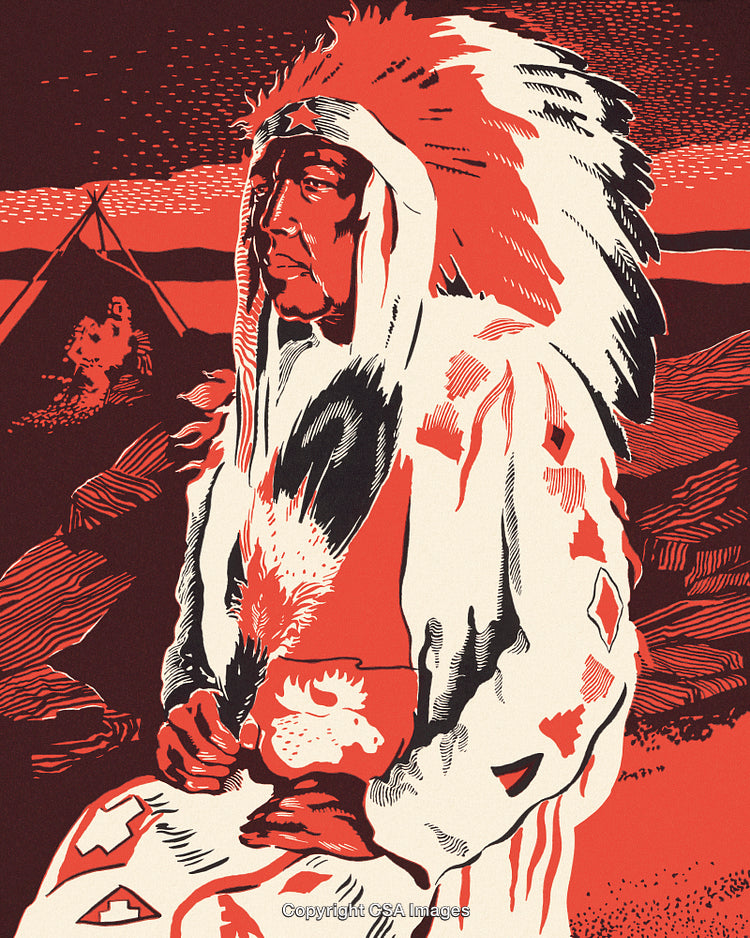 Traditional Native American Portrait with Feathered Headdress in Tribal Style