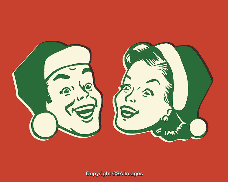 Retro Christmas Santa Couple Illustration on Red Background