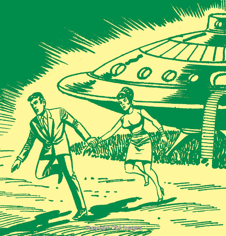 Retro Comic Illustration of a Couple Escaping a Flying Saucer Encounter