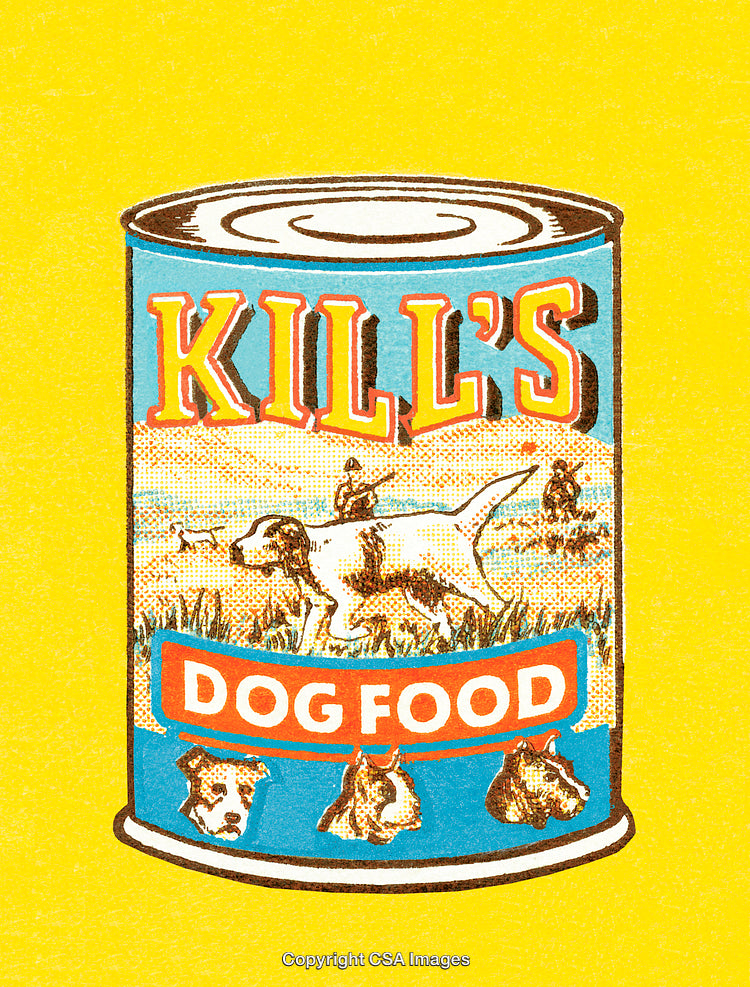 Vintage Dog Food Label Design with Rustic Illustration and Bold Typography