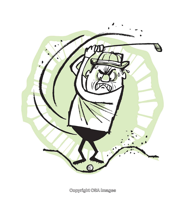 Colorful Cartoon Illustration of a Frustrated Golfer Swinging a Club