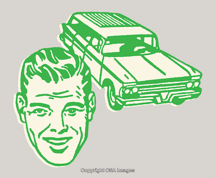 Retro Style Green Line Art of a Man and Classic Car