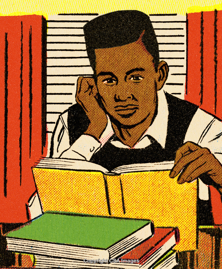 Comic Style Illustration of a Man Reading Multiple Books at a Desk