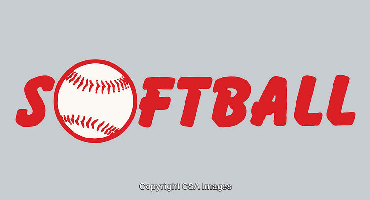 Illustration of Softball Text with Ball Graphic in Red and White