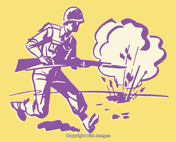 Color Illustration of a Soldier in Action Amidst an Explosion