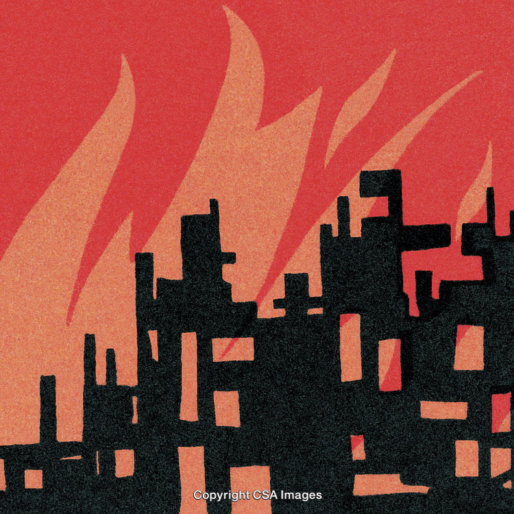 Silhouette of Burning Cityscape Against a Fiery Background