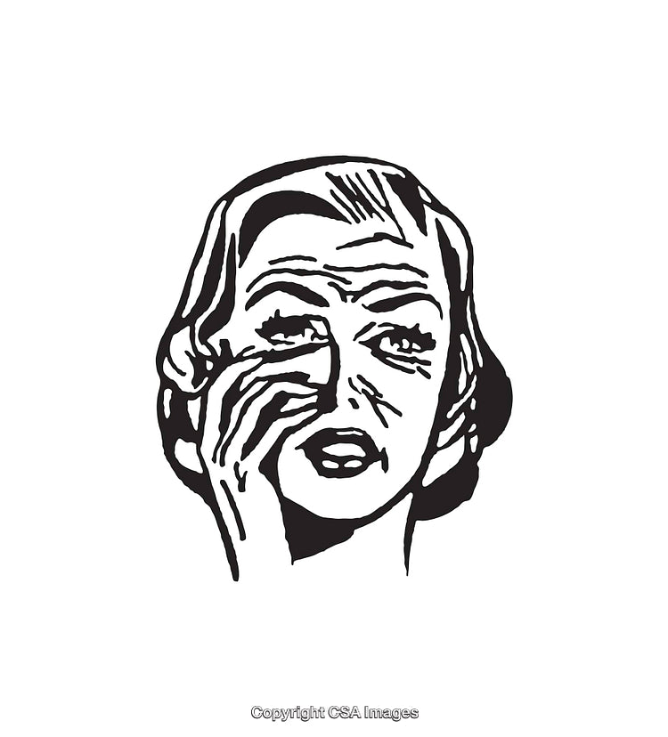 Retro Black and White Illustration of a Woman Wiping Her Eye