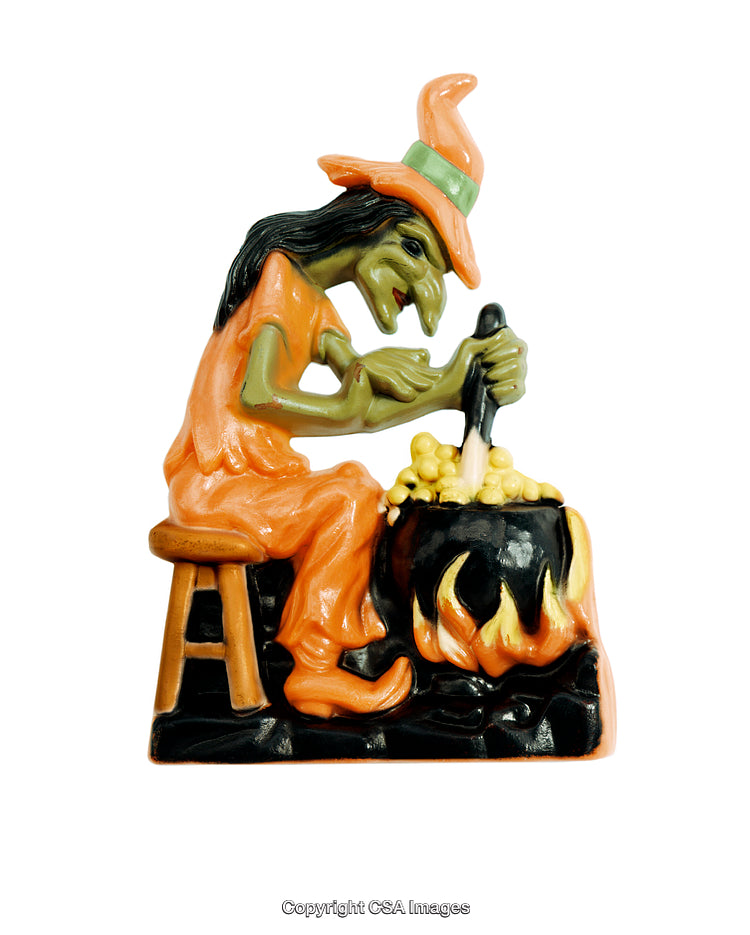 Colorful Plastic Witch Figurine Stirring a Pot Over a Fire