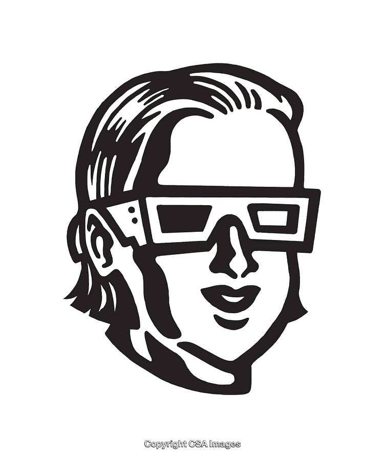 Black and White Illustration of a 3D Glasses Wearing Smiling Character