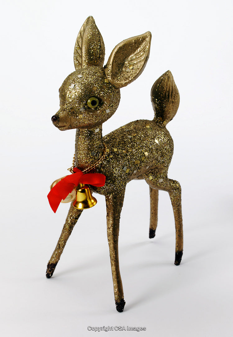 Golden Glitter Deer Ornament with Red Bow and Christmas Bells