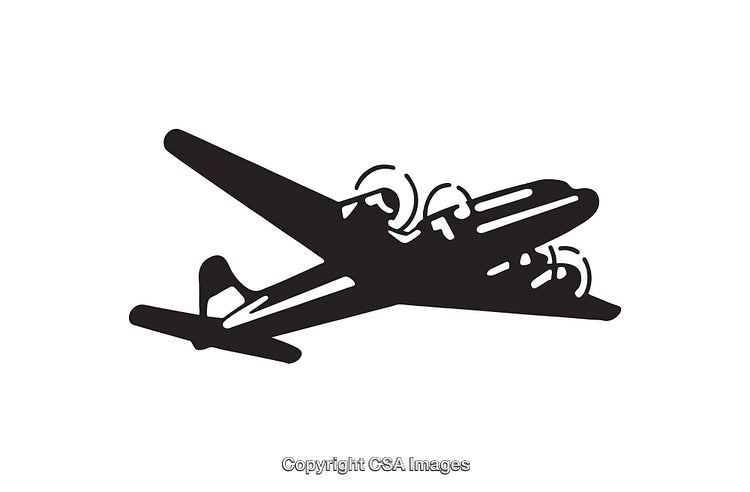 Black and White Line Illustration of a Propeller Airplane in Flight