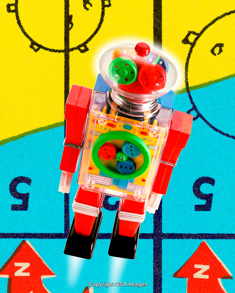 Colorful Mechanical Toy Robot on a Vibrant Illustrated Background