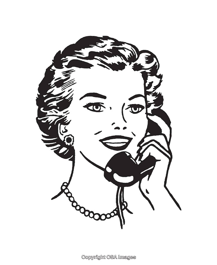 Vintage Black and White Illustration of a Woman Talking on the Telephone