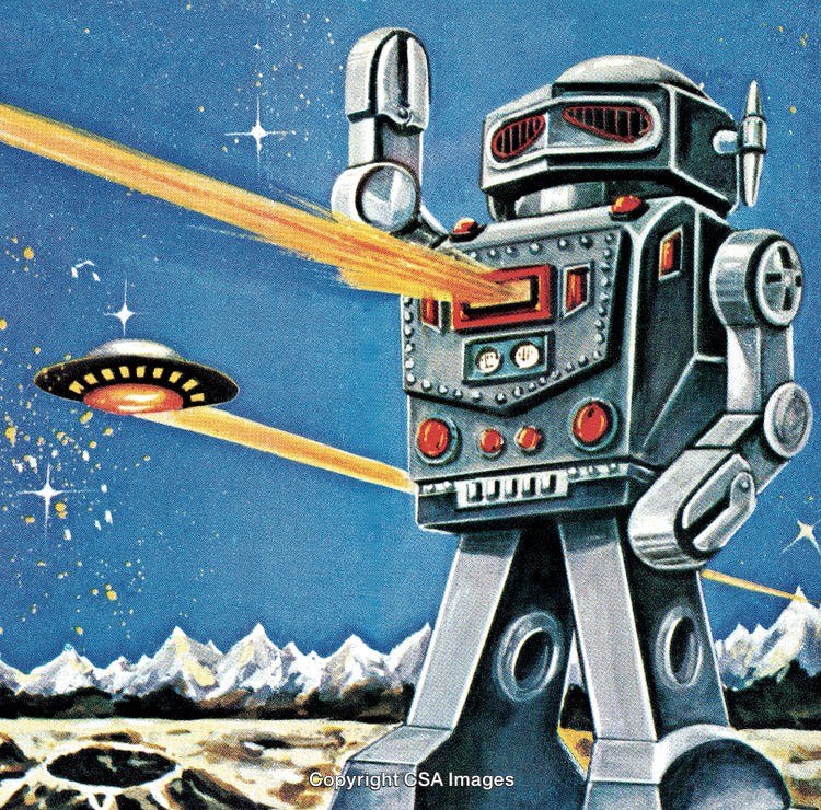 Retro Futuristic Robot Engaged in Sci-Fi Laser Battle on Alien Planet